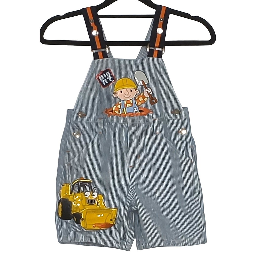 Vintage Bob the Builder Overalls Kids 3T Shortall Hickory Stripe Embroider Scoop